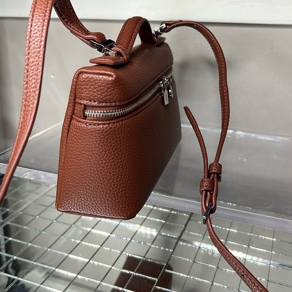 Brown Pebbled Vegan Leather Rice Box Small Crossbody Bag - Picture 4 of 8